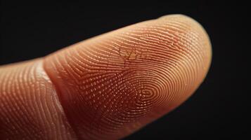 Finger with friction ridges on dark background, macro view photo