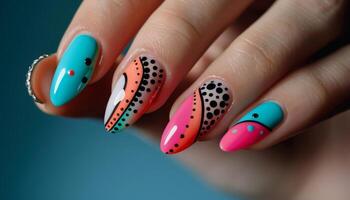 Girl's hands with a beautiful art manicure design nails extension procedure in a beauty salon photo