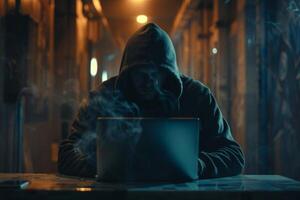 Hacker in hood hacking at computer in dark room. Computer criminal uses malware to hack devices photo
