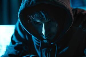 Man in a hood, a shadow hides his face on dark background. Anonymous crime concept photo