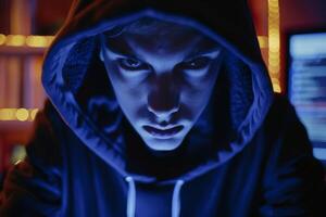 Man in a hood, a shadow hides his face on dark background. Anonymous crime concept photo