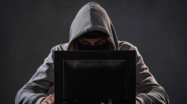 Hacker coding virus ransomware using laptop. Cyber attack, system breaking and malware concept photo