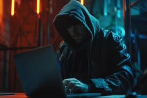 Hacker in hood hacking at computer in dark room. Computer criminal uses malware to hack devices photo