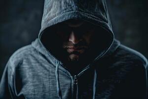 Man in a hood, a shadow hides his face on dark background. Anonymous crime concept photo
