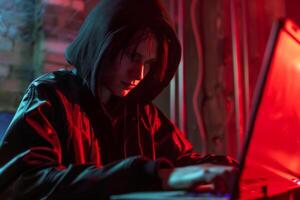 Hacker in hood hacking at computer in dark room. Computer criminal uses malware to hack devices photo