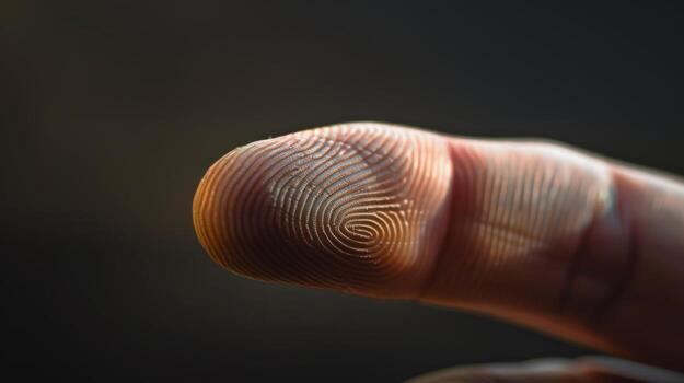 Finger with friction ridges on dark background, macro view photo