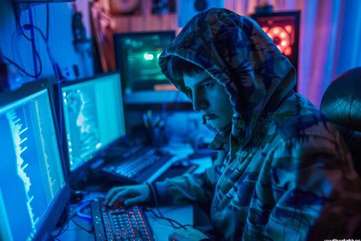 Hacker in hood hacking at computer in dark room. Computer criminal uses malware to hack devices photo