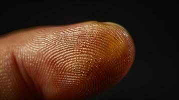 Finger with friction ridges on dark background, macro view photo