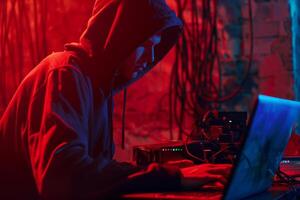 Hacker in hood hacking at computer in dark room. Computer criminal uses malware to hack devices photo