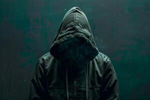 Man in a hood, a shadow hides his face on dark background. Anonymous crime concept photo