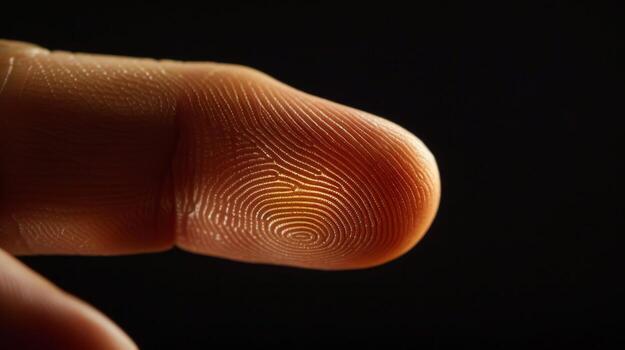 Finger with friction ridges on dark background, macro view photo