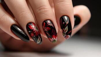 Girl's hands with a beautiful art manicure design nails extension procedure in a beauty salon photo