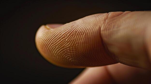 Finger with friction ridges on dark background, macro view photo