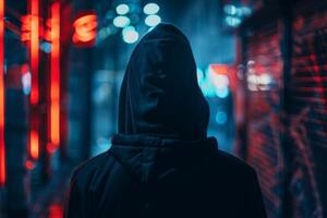 Man in a hood, a shadow hides his face on dark background. Anonymous crime concept photo