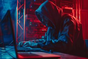 Hacker in hood hacking at computer in dark room. Computer criminal uses malware to hack devices photo