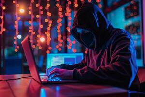 Hacker in hood hacking at computer in dark room. Computer criminal uses malware to hack devices photo