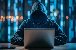 Hacker in hood hacking at computer in dark room. Computer criminal uses malware to hack devices photo