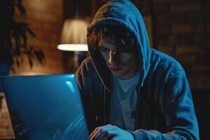 Hacker in hood hacking at computer in dark room. Computer criminal uses malware to hack devices photo