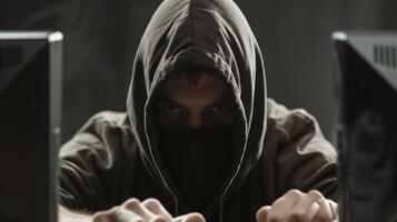Hacker coding virus ransomware using computers. Cyber attack, system breaking and malware concept photo