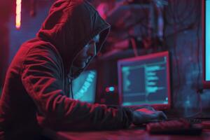 Hacker in hood hacking at computer in dark room. Computer criminal uses malware to hack devices photo