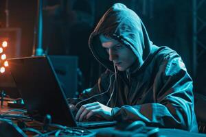 Hacker in hood hacking at computer in dark room. Computer criminal uses malware to hack devices photo