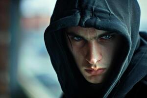 Man in a hood, a shadow hides his face on dark background. Anonymous crime concept photo