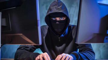 Hacker coding virus ransomware using computers. Cyber attack, system breaking and malware concept photo