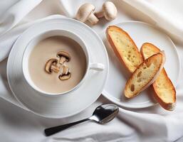 Top view of creamy mushroom soup with a few mushroom sliced with Garlic Bread and a spoon is elegantly served in a vintage white ceramic cup on luxury white silk background.rved in a vintage white photo