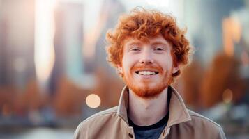 Handsome smiling ginger man portrait on the street. photo