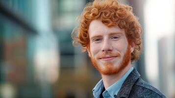 Handsome smiling ginger man portrait on the street. photo