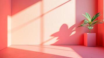 Pink room with moody shadows and empty space for text or product presentation. photo