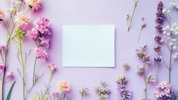 Flat lay of beautiful flowers over pink background and blank card for invitation. Mother's day, Valentine's day or wedding concept. Mock up template with space for text or product. photo