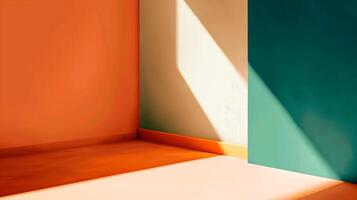 Orange and green room with moody shadows and empty space for text or product presentation. photo