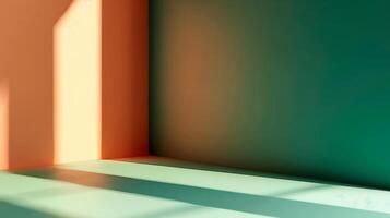 Orange and green room with moody shadows and empty space for text or product presentation. photo