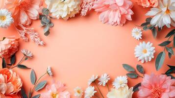 Flat lay of beautiful flowers over orange background and blank card for invitation. Mother's day, Valentine's day or wedding concept. Mock up template with space for text or product. photo