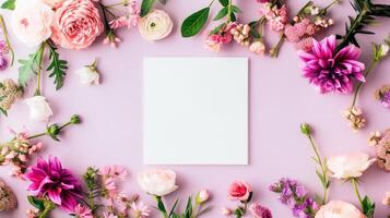 Flat lay of beautiful flowers over pink background and blank card for invitation. Mother's day, Valentine's day or wedding concept. Mock up template with space for text or product. photo
