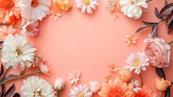 Flat lay of beautiful flowers over orange background and blank card for invitation. Mother's day, Valentine's day or wedding concept. Mock up template with space for text or product. photo