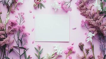 Flat lay of beautiful flowers over pink background and blank card for invitation. Mother's day, Valentine's day or wedding concept. Mock up template with space for text or product. photo