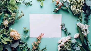 Flat lay of beautiful flowers over green background and blank card for invitation. Mother's day, Valentine's day or wedding concept. Mock up template with space for text or product. photo