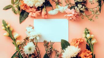 Flat lay of beautiful flowers over orange background and blank card for invitation. Mother's day, Valentine's day or wedding concept. Mock up template with space for text or product. photo