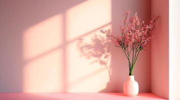 Pink room with moody shadows and empty space for text or product presentation. photo