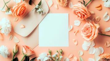 Flat lay of beautiful flowers over orange background and blank card for invitation. Mother's day, Valentine's day or wedding concept. Mock up template with space for text or product. photo
