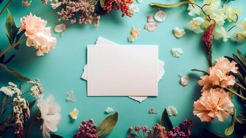Flat lay of beautiful flowers over green background and blank card for invitation. Mother's day, Valentine's day or wedding concept. Mock up template with space for text or product. photo