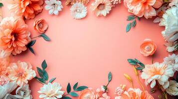 Flat lay of beautiful flowers over orange background and blank card for invitation. Mother's day, Valentine's day or wedding concept. Mock up template with space for text or product. photo