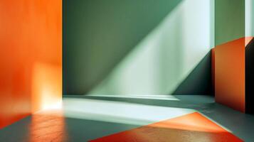 Orange and green room with moody shadows and empty space for text or product presentation. photo