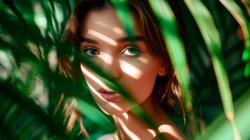 Beauty portrait of beautiful woman looking to camera between tropical leaves. Natural cosmetic skincare concept. photo