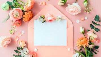Flat lay of beautiful flowers over orange background and blank card for invitation. Mother's day, Valentine's day or wedding concept. Mock up template with space for text or product. photo
