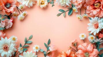 Flat lay of beautiful flowers over orange background and blank card for invitation. Mother's day, Valentine's day or wedding concept. Mock up template with space for text or product. photo