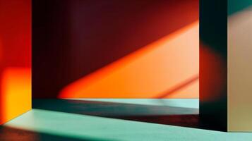 Orange and green room with moody shadows and empty space for text or product presentation. photo