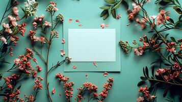 Flat lay of beautiful flowers over green background and blank card for invitation. Mother's day, Valentine's day or wedding concept. Mock up template with space for text or product. photo